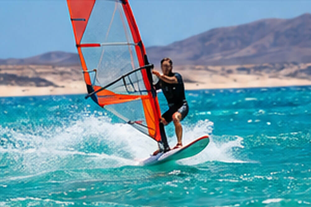 Windsurfer z pomarańczowym żaglem na wodach Fuerteventury