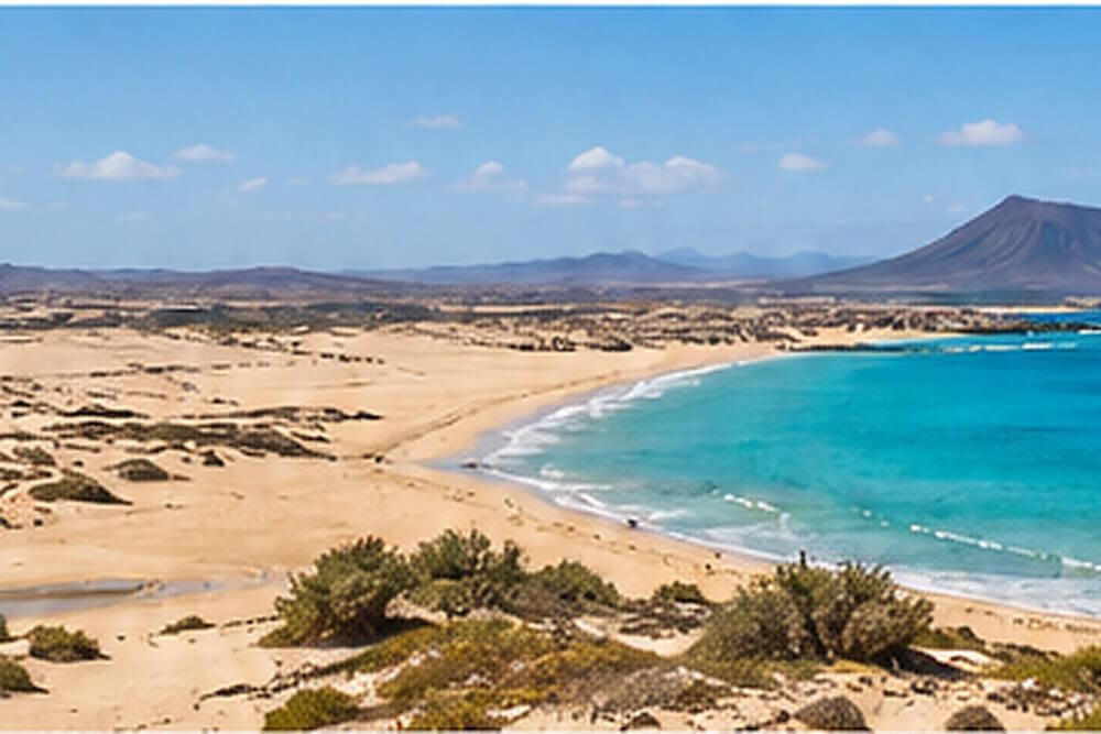 Wydmy Corralejo i jasna plaża nad turkusowym oceanem