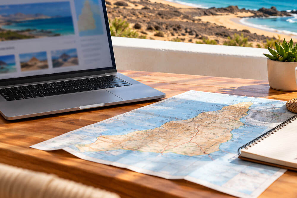 Mapa i laptop podczas planowania pobytu na tarasie z widokiem na ocean