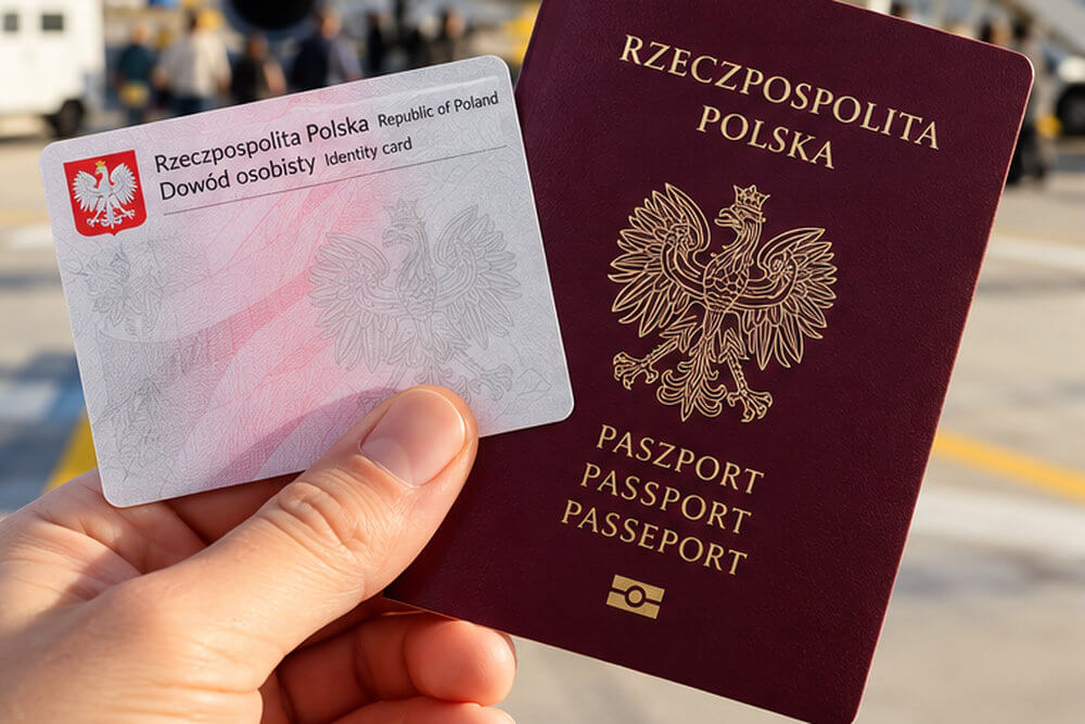 Podróżny trzyma polski paszport i dowód osobisty na lotnisku