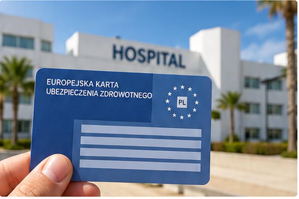 Karta EKUZ w dłoni przed wejściem do placówki medycznej