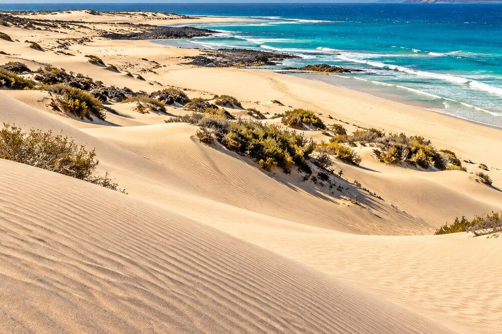 Piaszczyste wydmy Corralejo i turkusowy Atlantyk na północy Fuerteventury