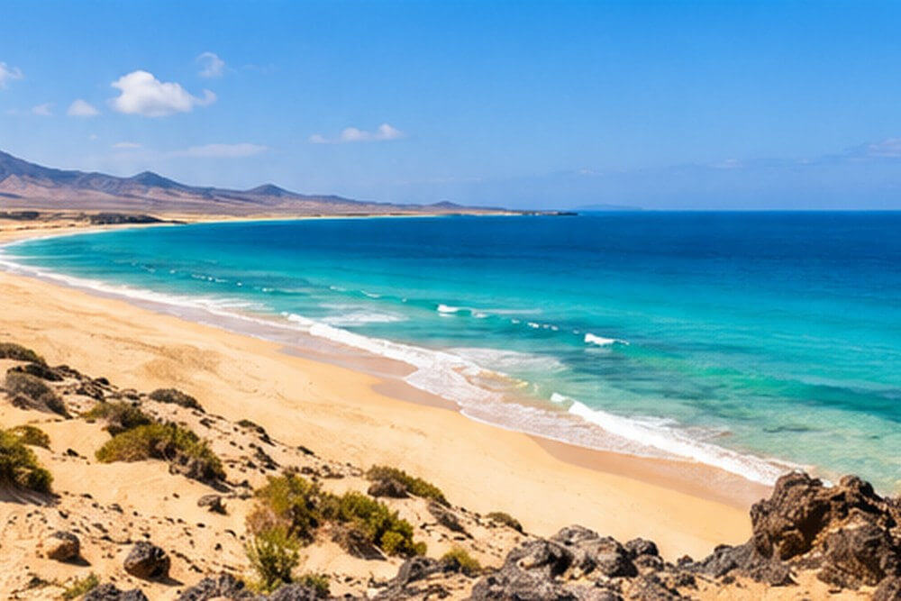 Piaszczysta plaża z turkusową wodą i skalistym brzegiem Fuerteventury